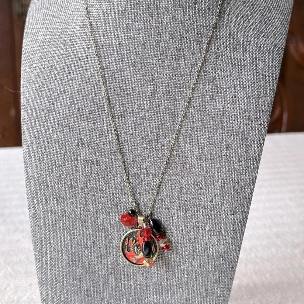 Handmade Firebird Phoenix Necklace Set in Burnished Brass w/ Glass Beads - Picture 5 of 7